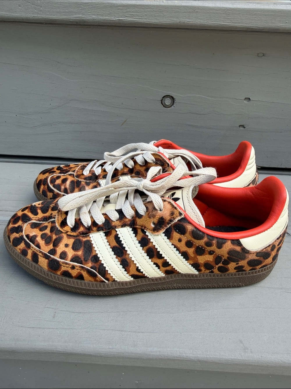adidas women’s Leopard Print Sneakers with White Stripes and orange trim. - Picture 5 of 10